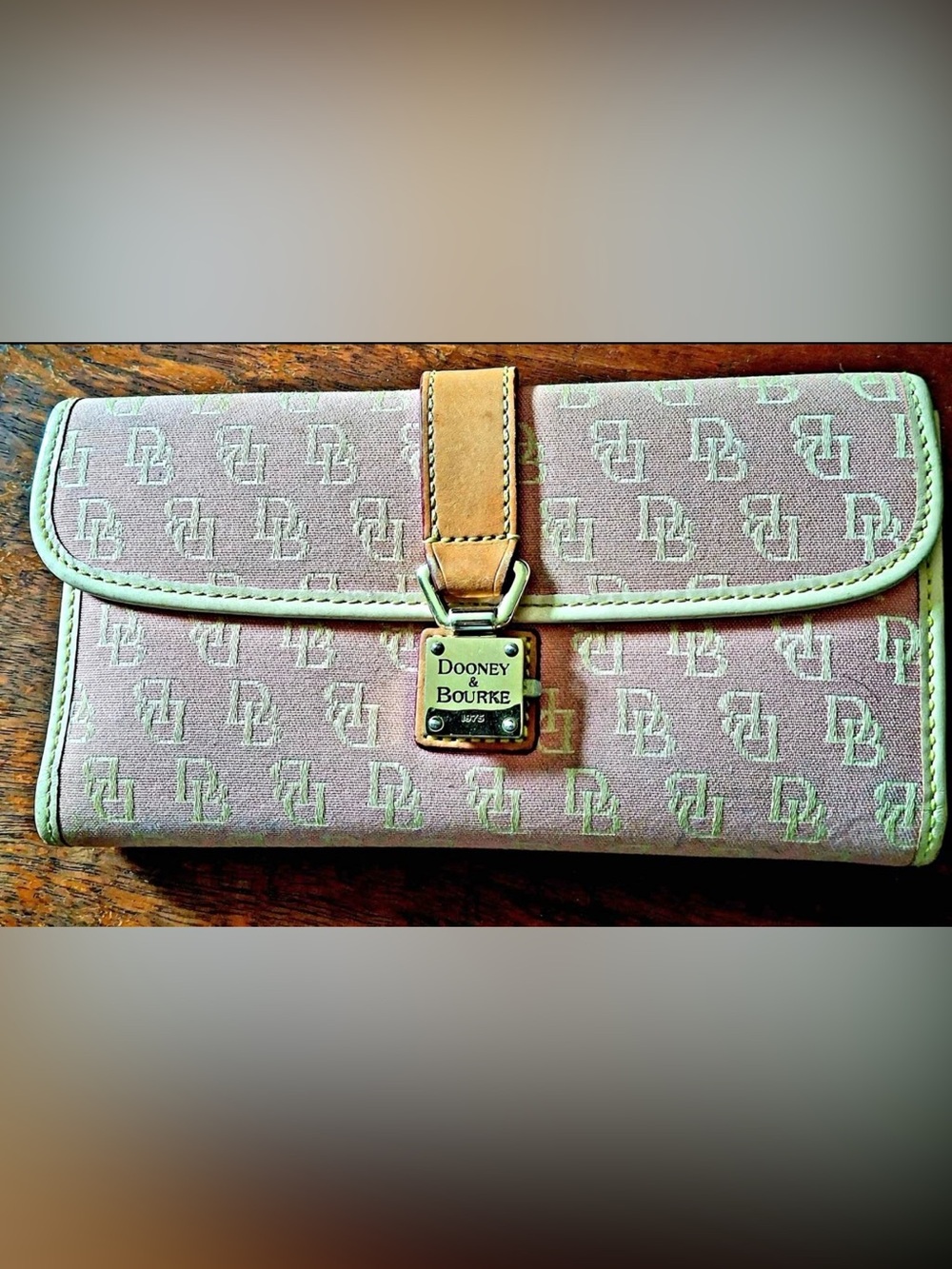Dooney & Bourke Light Pink Signature Canvas Clutch with Tan Leather Trim Vintage